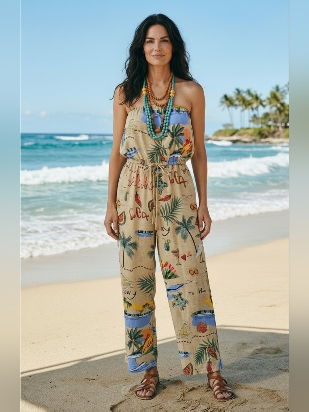 Tropical Retro Print Strapless  Jumpsuit Beach Resort SMALL